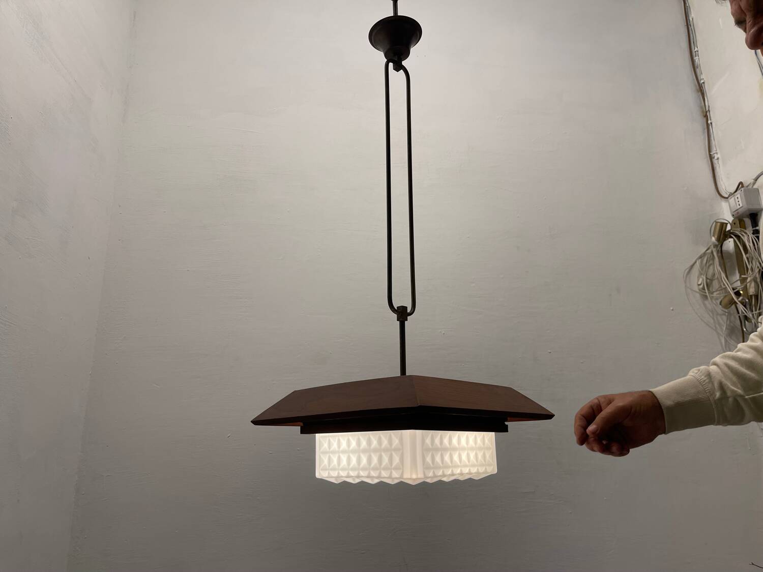 1950s Wood, Bronze & Opaline Glass Pendant Light