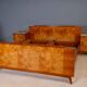 Vintage Czechoslovak bedroom set with burl veneer, bed and pair of nightstands, mid-20th century, 180 × 195 cm