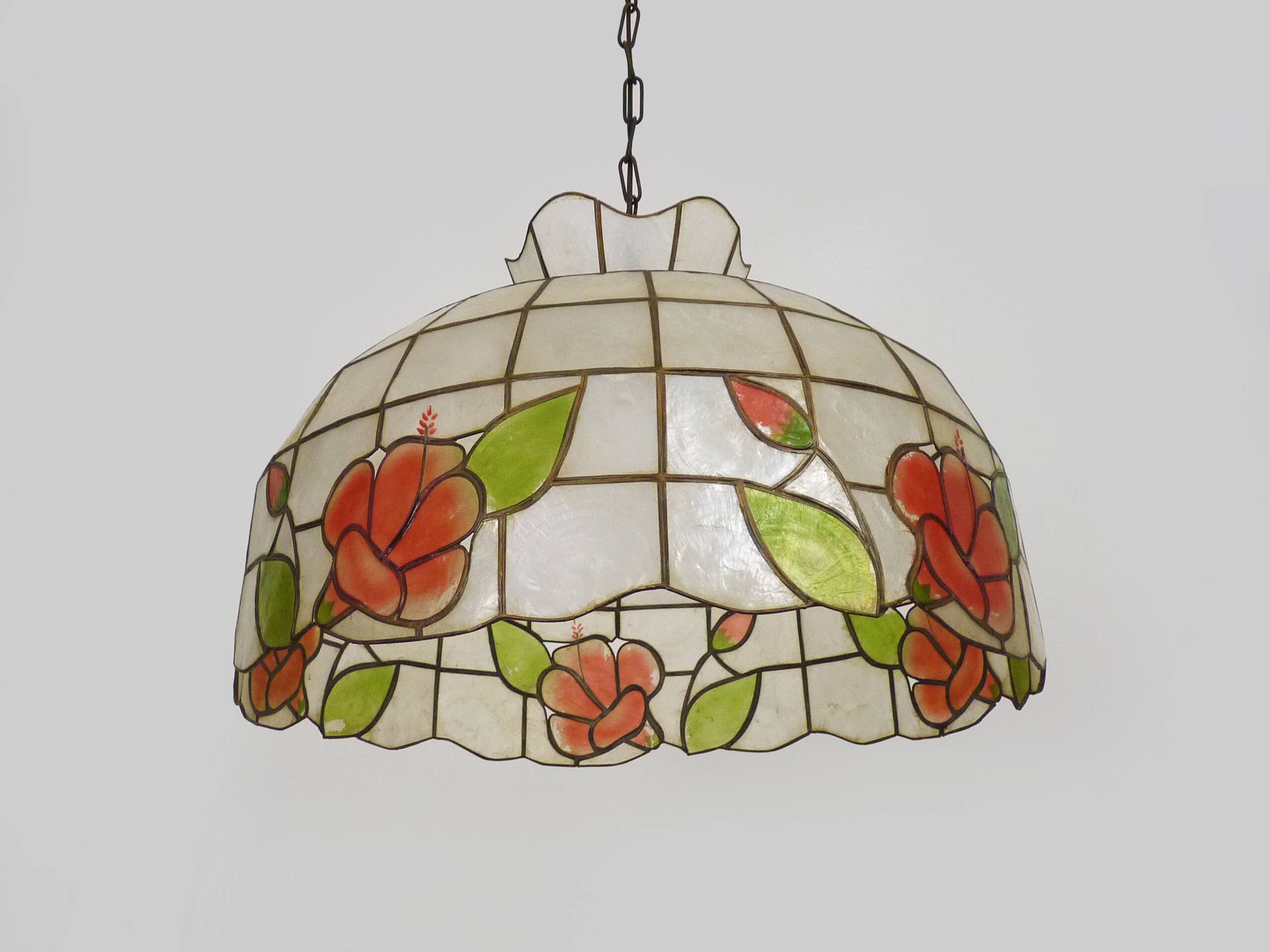 large pendant light, mother-of-pearl and brass chandelier, vintage, old light fixture. 70s