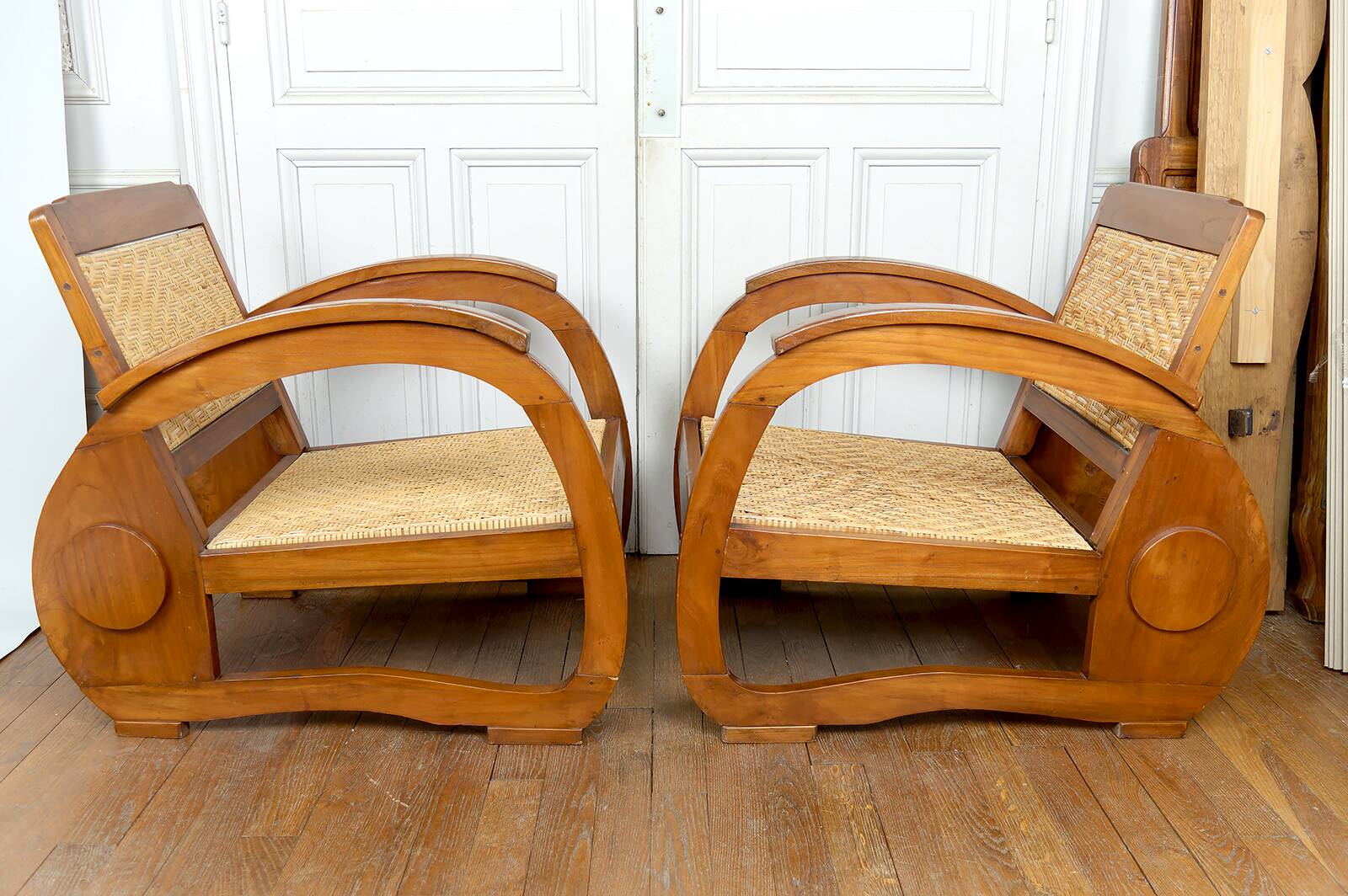Pair of Teak Armchairs with Woven Rattan Seats, Colonial Art Deco, 1925