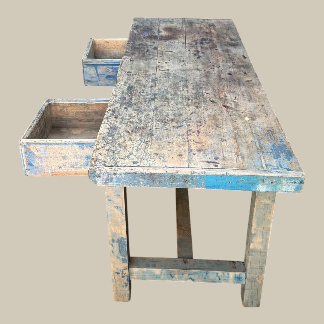 Blue patina beech drawer console established in 1940.