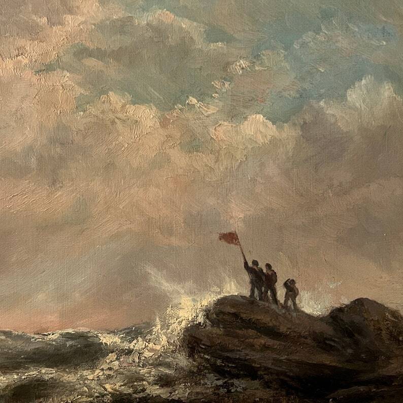 Peinture à l'huile de grand voilier vintage du milieu du siècle