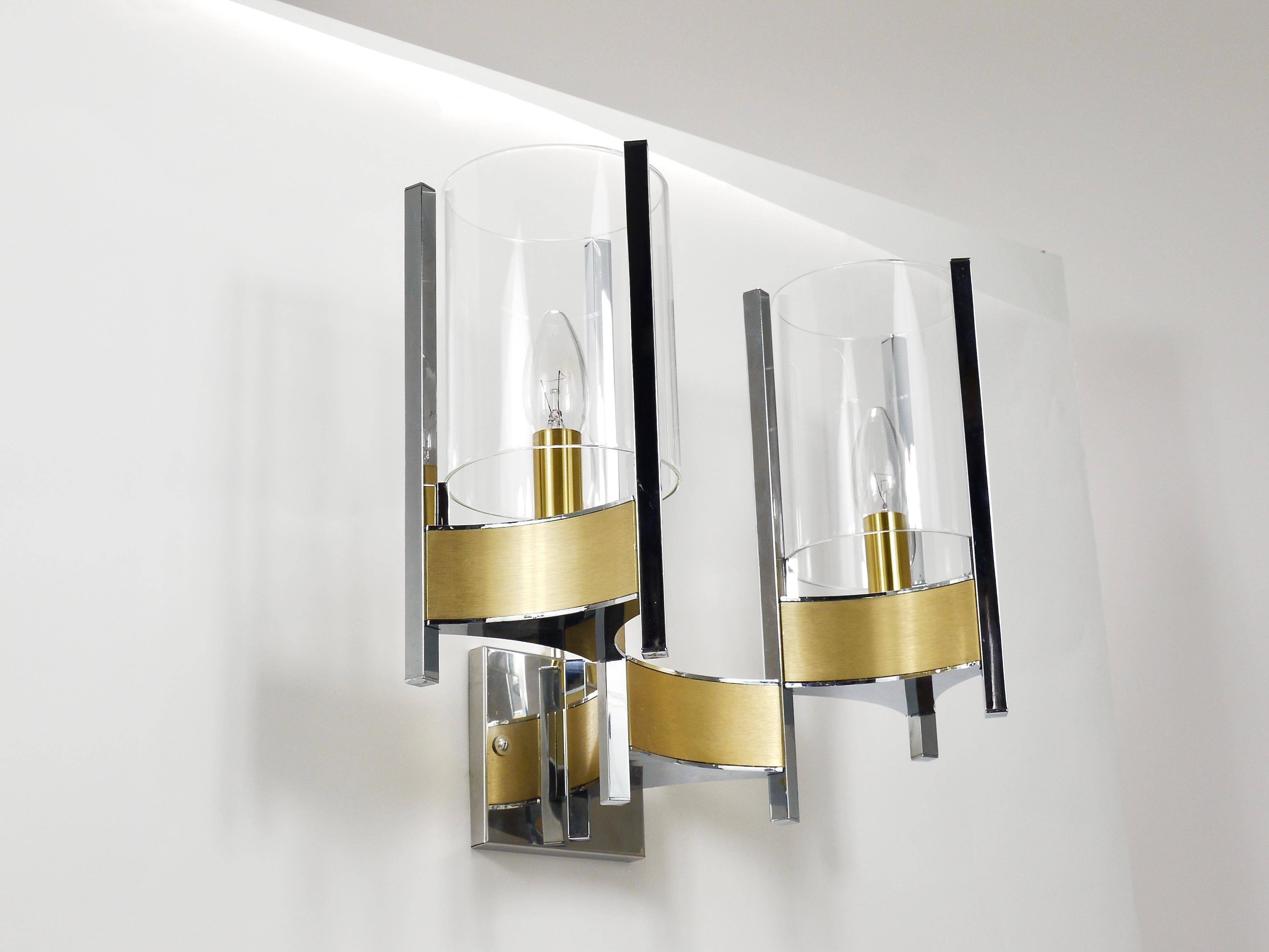 Gaetano Sciolari Large Wall Sconces / Sconces, Chrome, Brass, Glass, 1970s