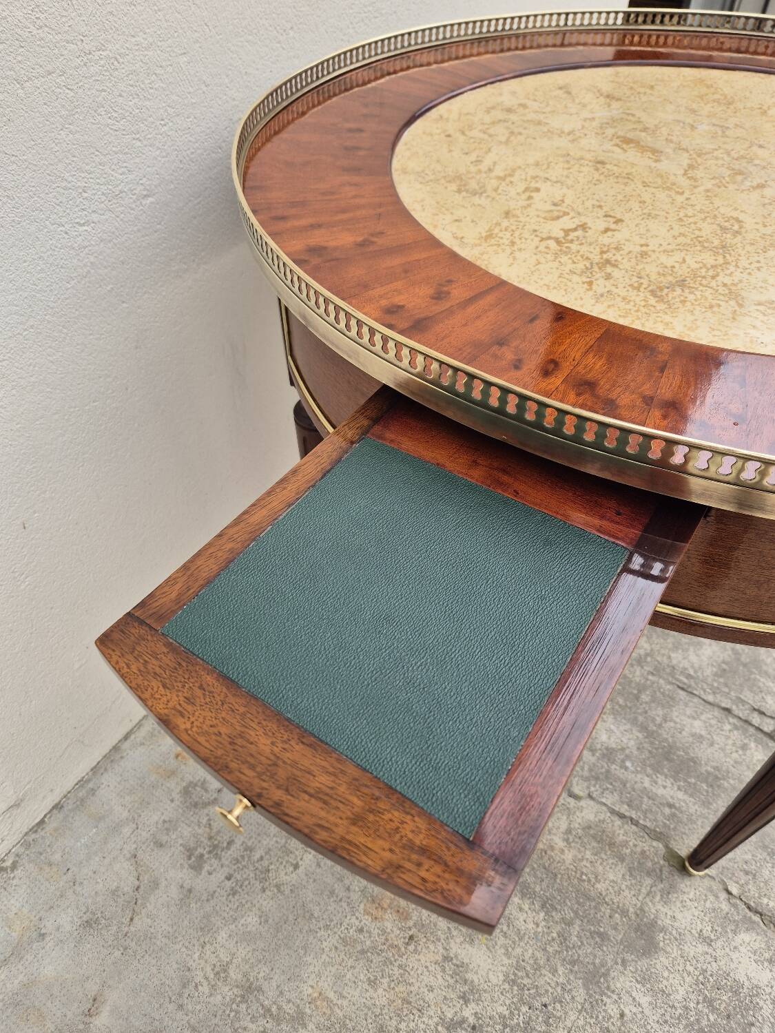 Louis XVI style mahogany bouillotte table in marquetry and bronze