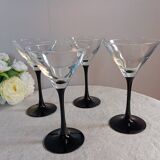6 shiny black stemmed glasses domino collection by Luminarc, vintage 1980