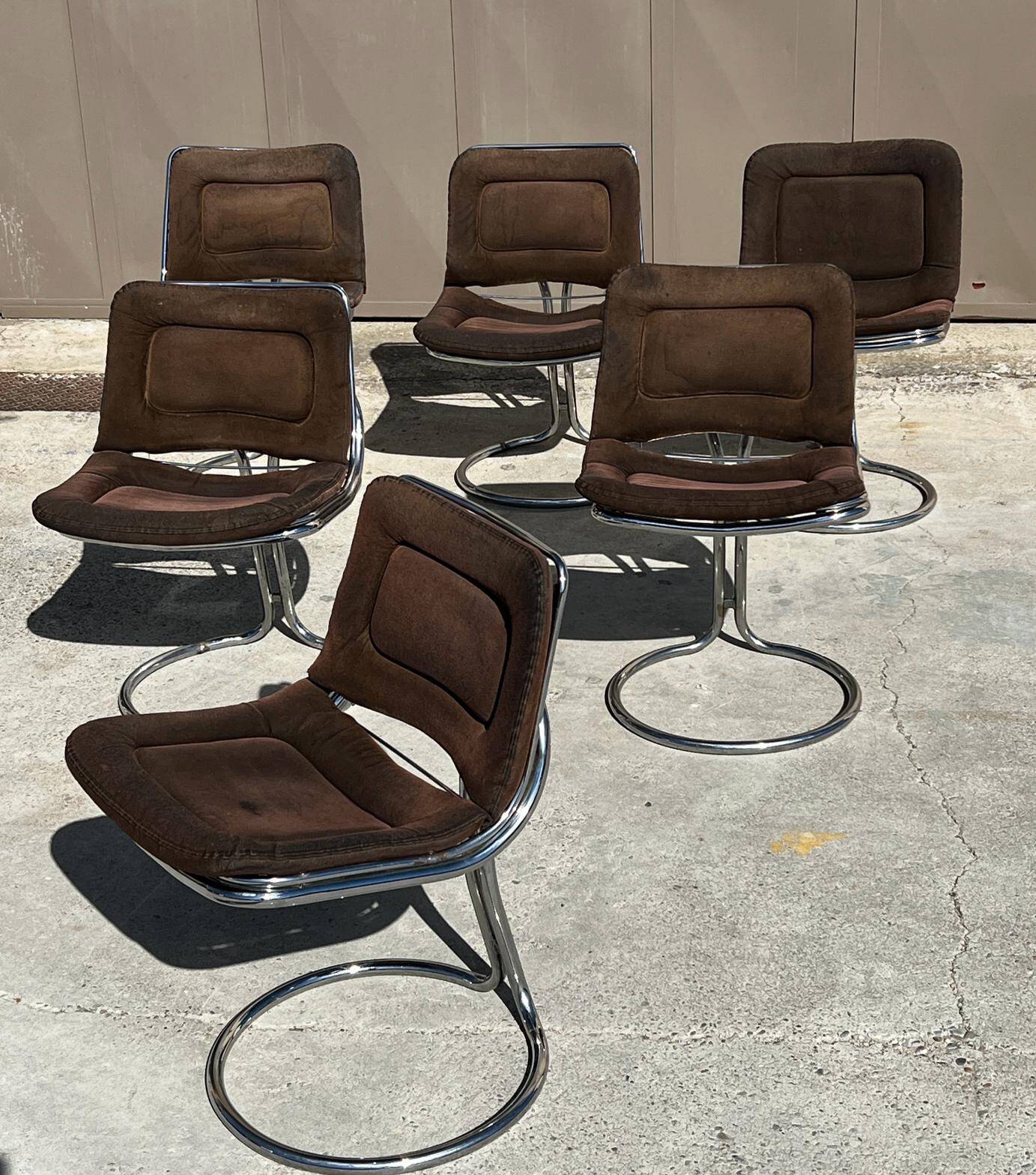 Set of 6 vintage Gastone Rinaldi style chrome steel chairs