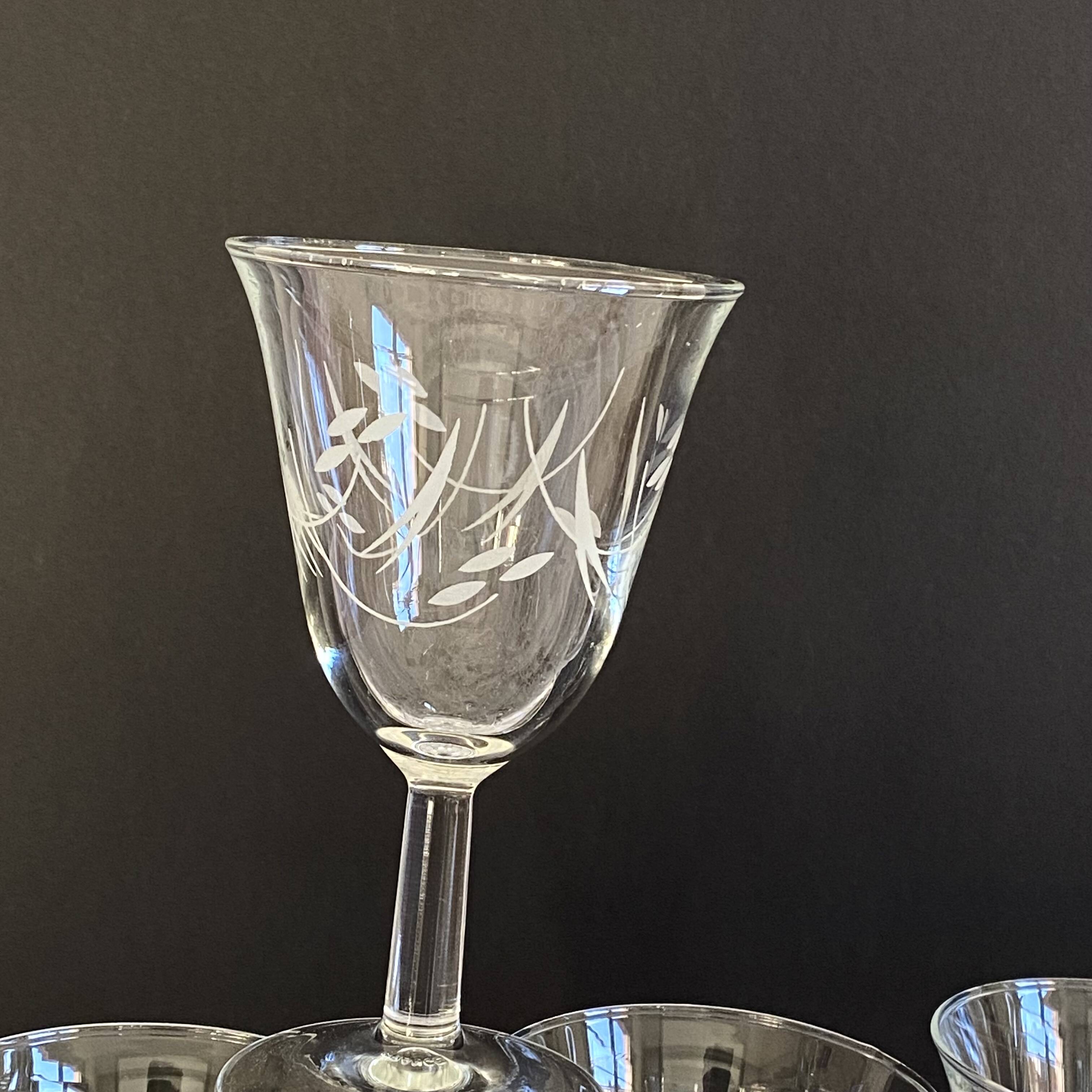 6 antique wine or water glasses engraved with vintage stylized flowers