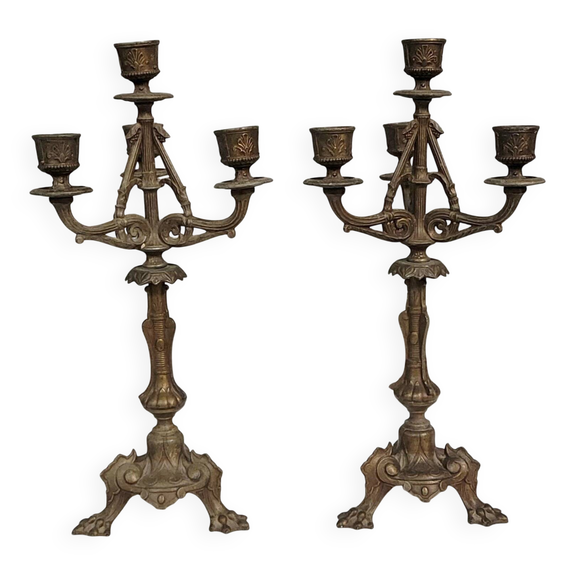 Pair of antique candelabra in patinated bronze spelter