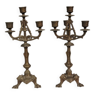 Pair of antique candelabra in patinated bronze spelter