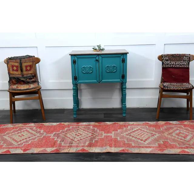 1970s Vintage Turkish Oushak Handmade Wool Cotton Pink Runner Rug 82x300