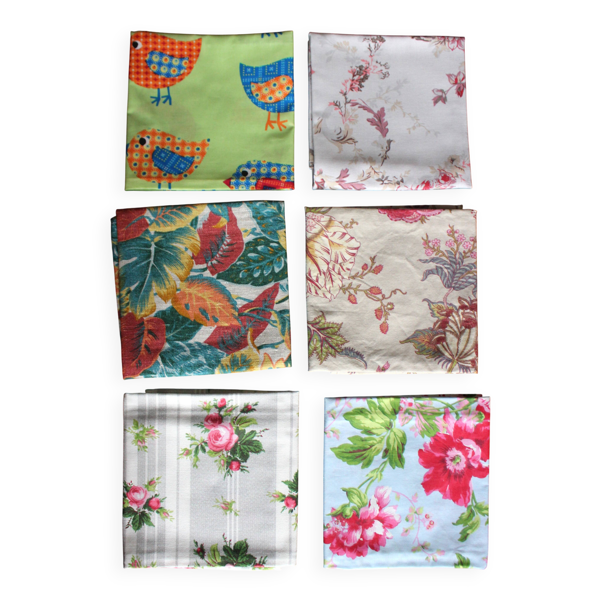 Set of 6 mismatched floral and bird napkins