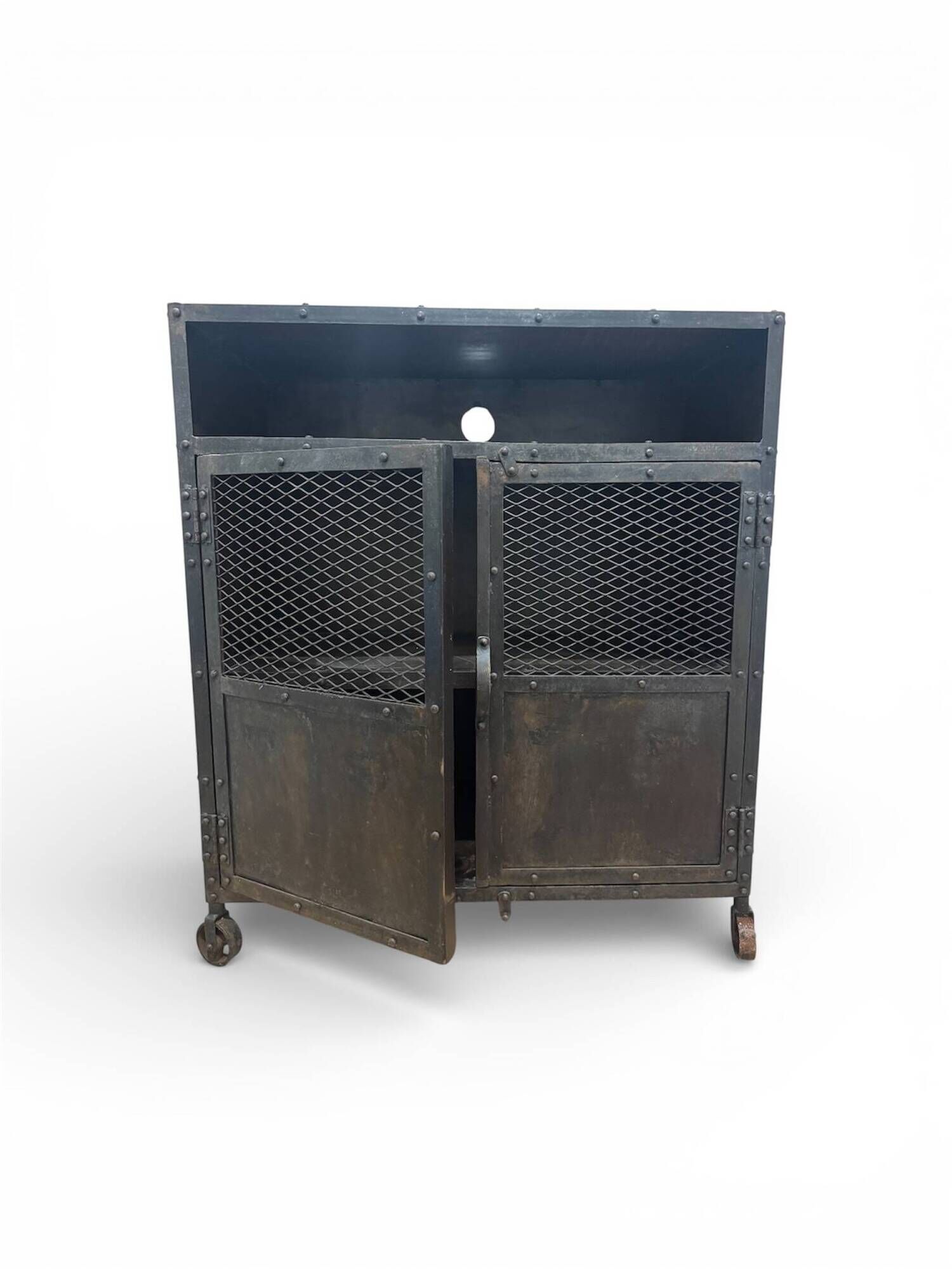 Industrial Vintage Metal Bar Cabinet in Iron and Steel with Mesh Doors