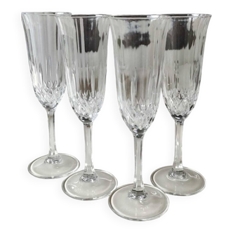 Lot of 4 x Large Champagne Flutes "Calp Concerto Champagne", in crystal chiseled with diamond patterns and diamond point finish. Height 21 cm