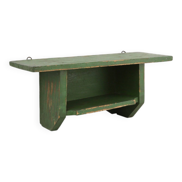 Small Rustic Green Wooden Wall Unit with 2 Shelves, France, 1880s
