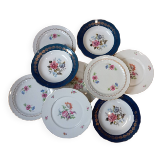 9 mismatched retro 1950 shabby chic flower plates, porcelain