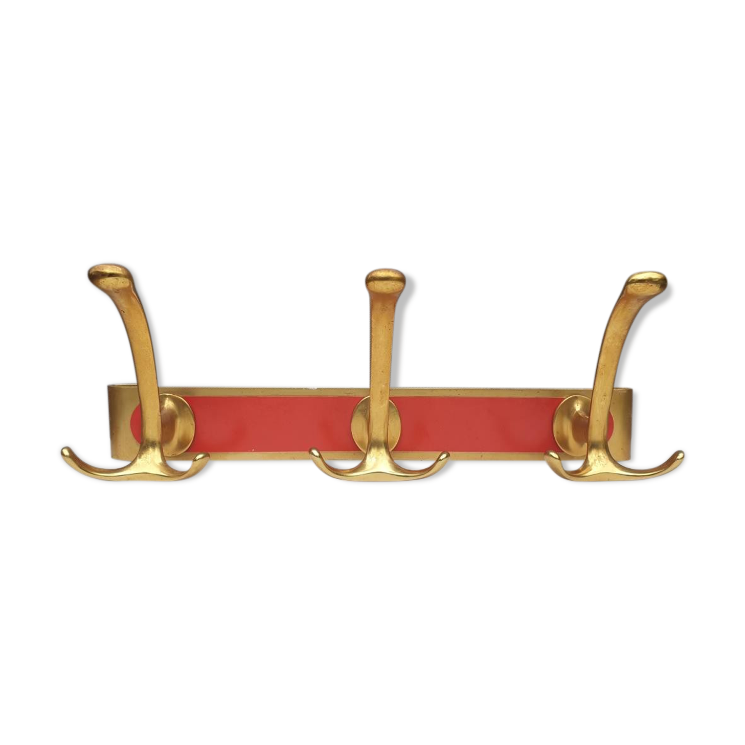 Vintage bistro coat rack with 3 patères gold and red hooks