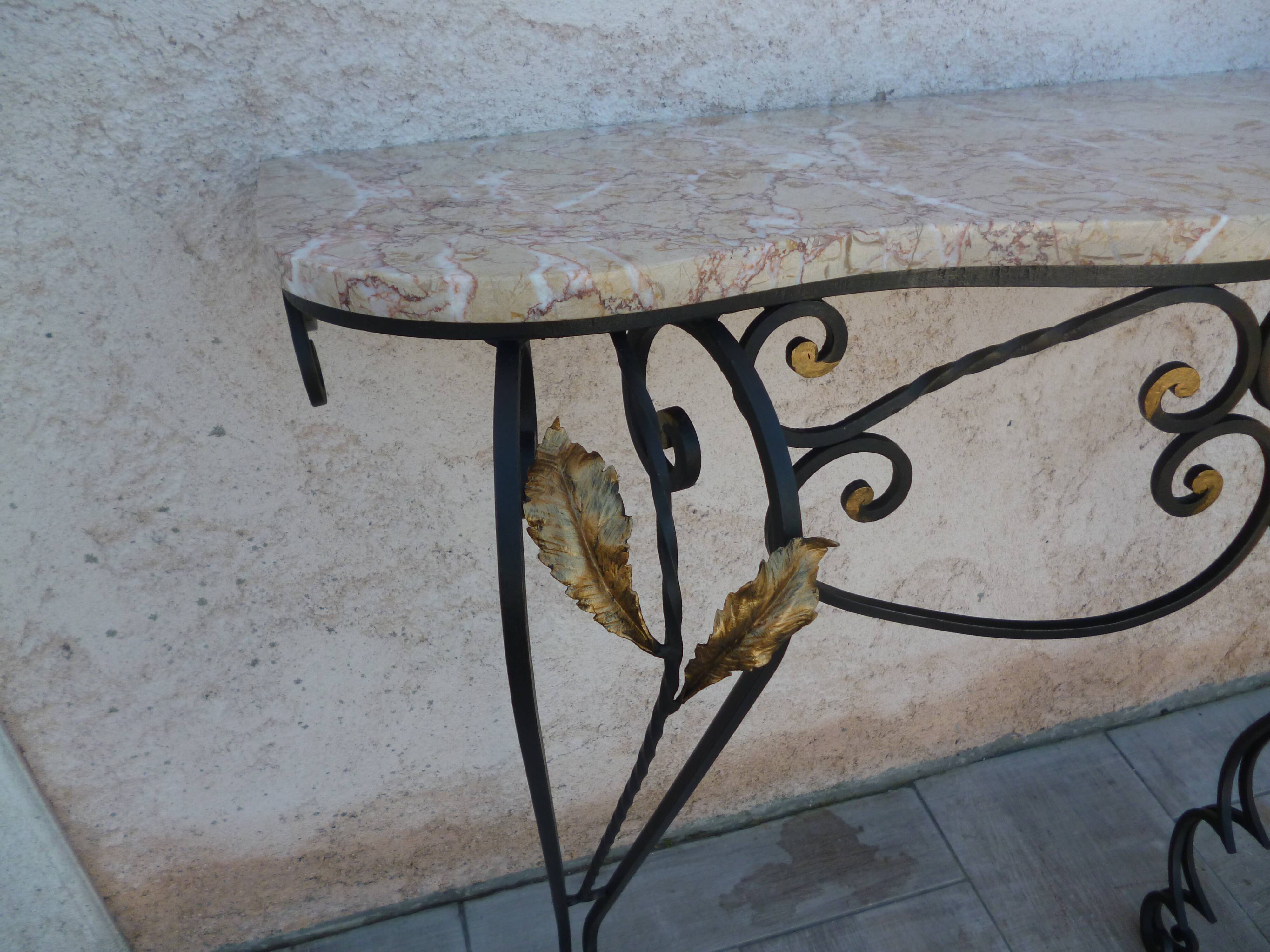 Art Deco wrought iron console with marble