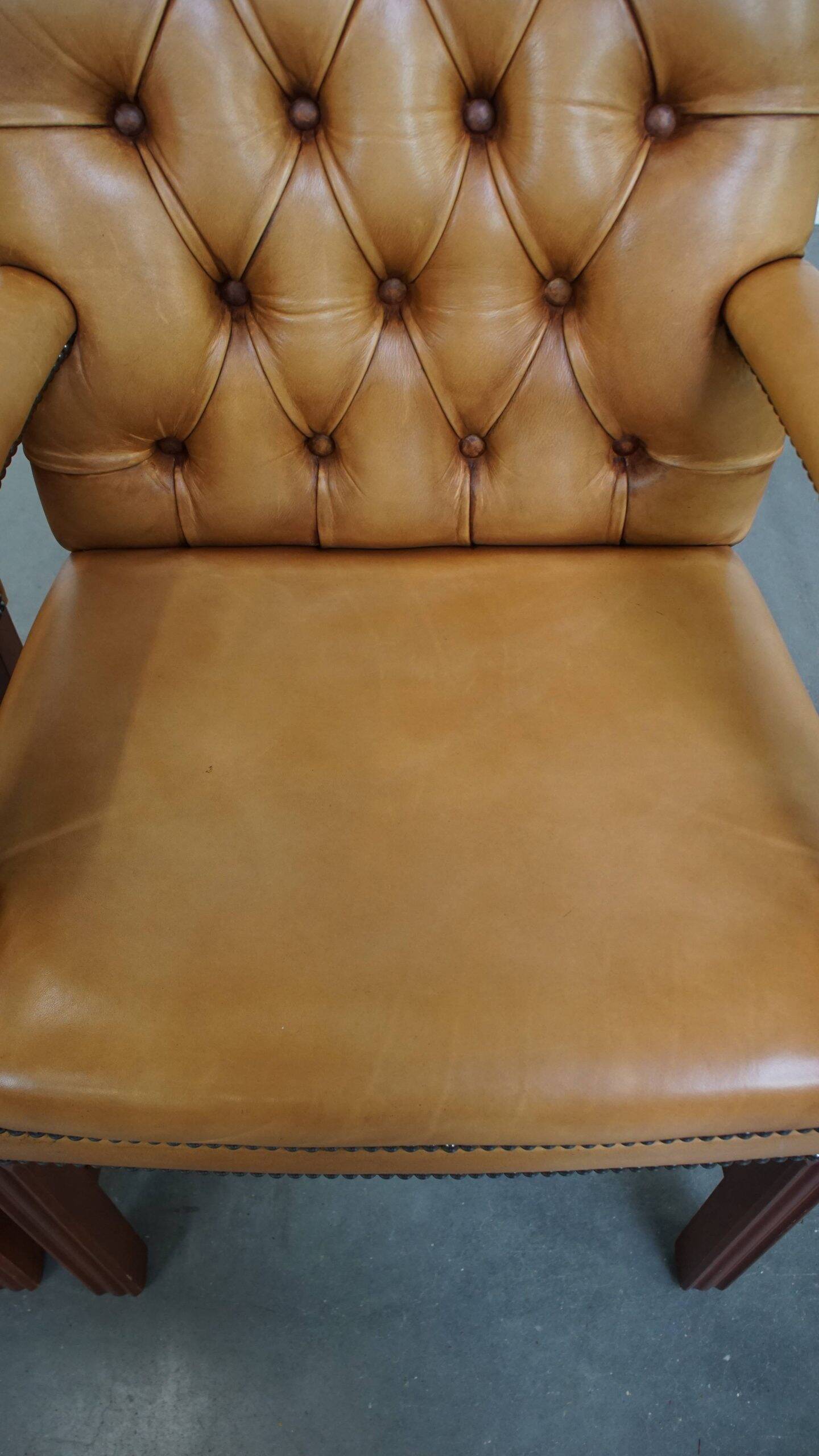 Set of 4 cowhide leather Chesterfield dining chairs in light cognac colour
