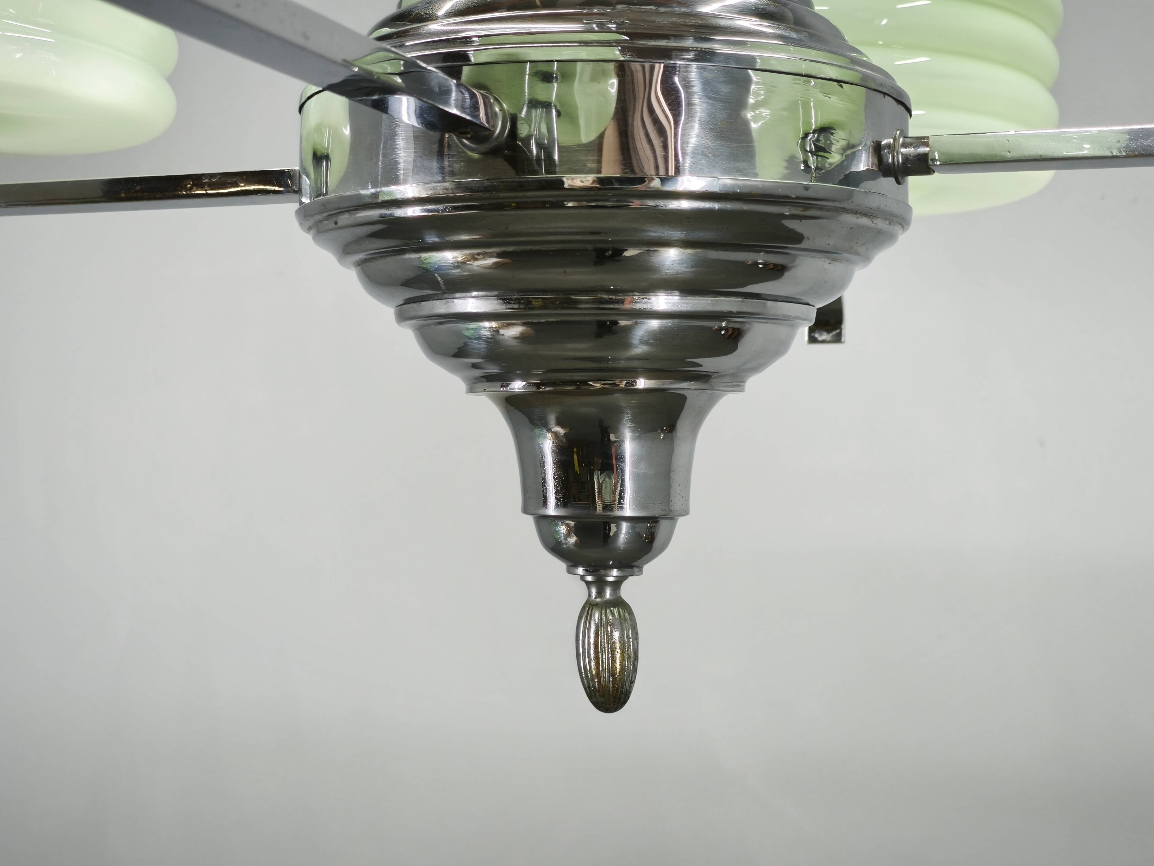 Art Deco Green Opaline Glass Chandelier, Czechoslovakia 1930s