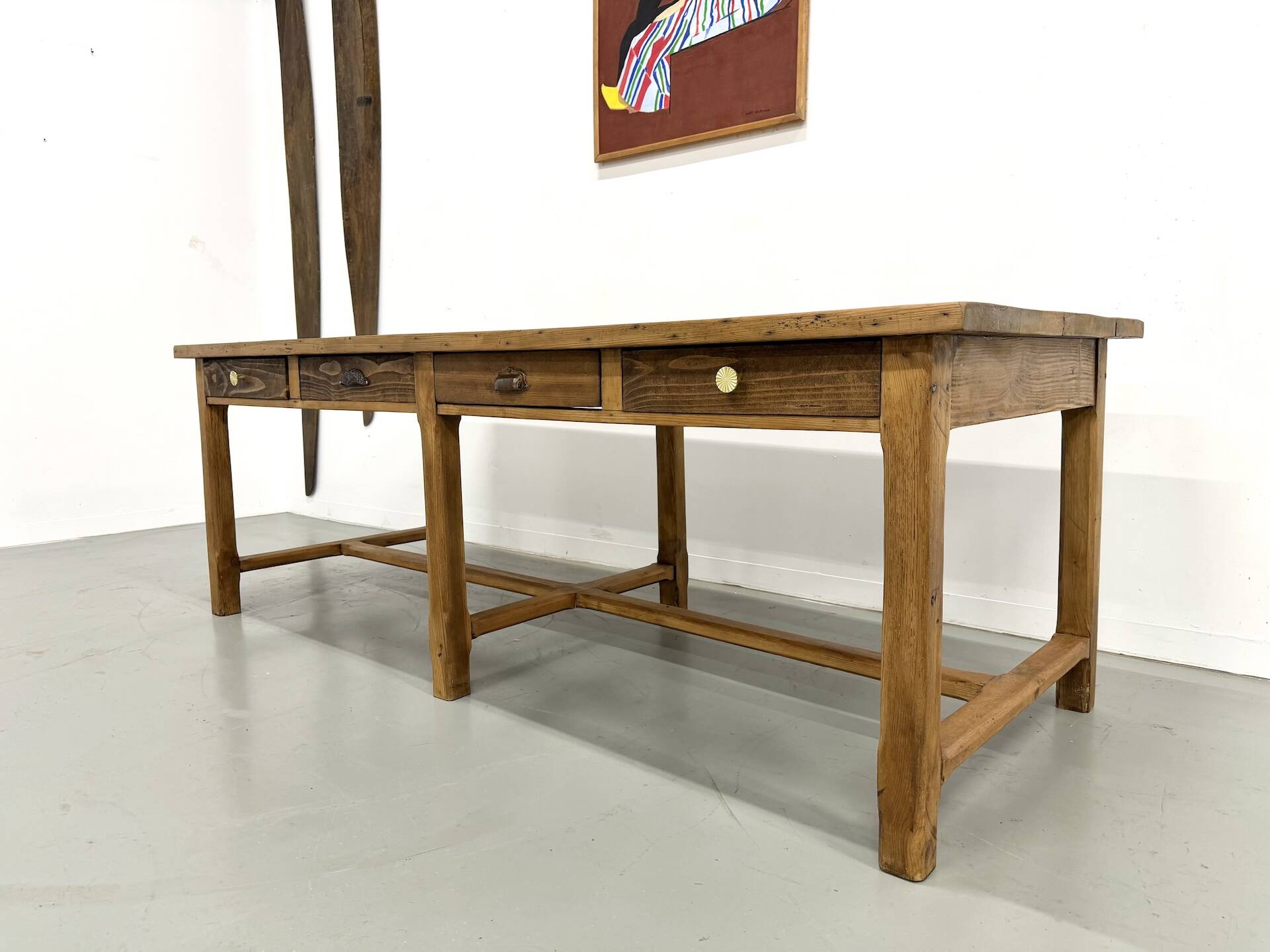 Table de Ferme "Meuble de Métier" en Pin – 8 Tiroirs (L221 cm)