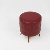 Vintage pouf with storage in dark red faux leather, France ca. 1950
