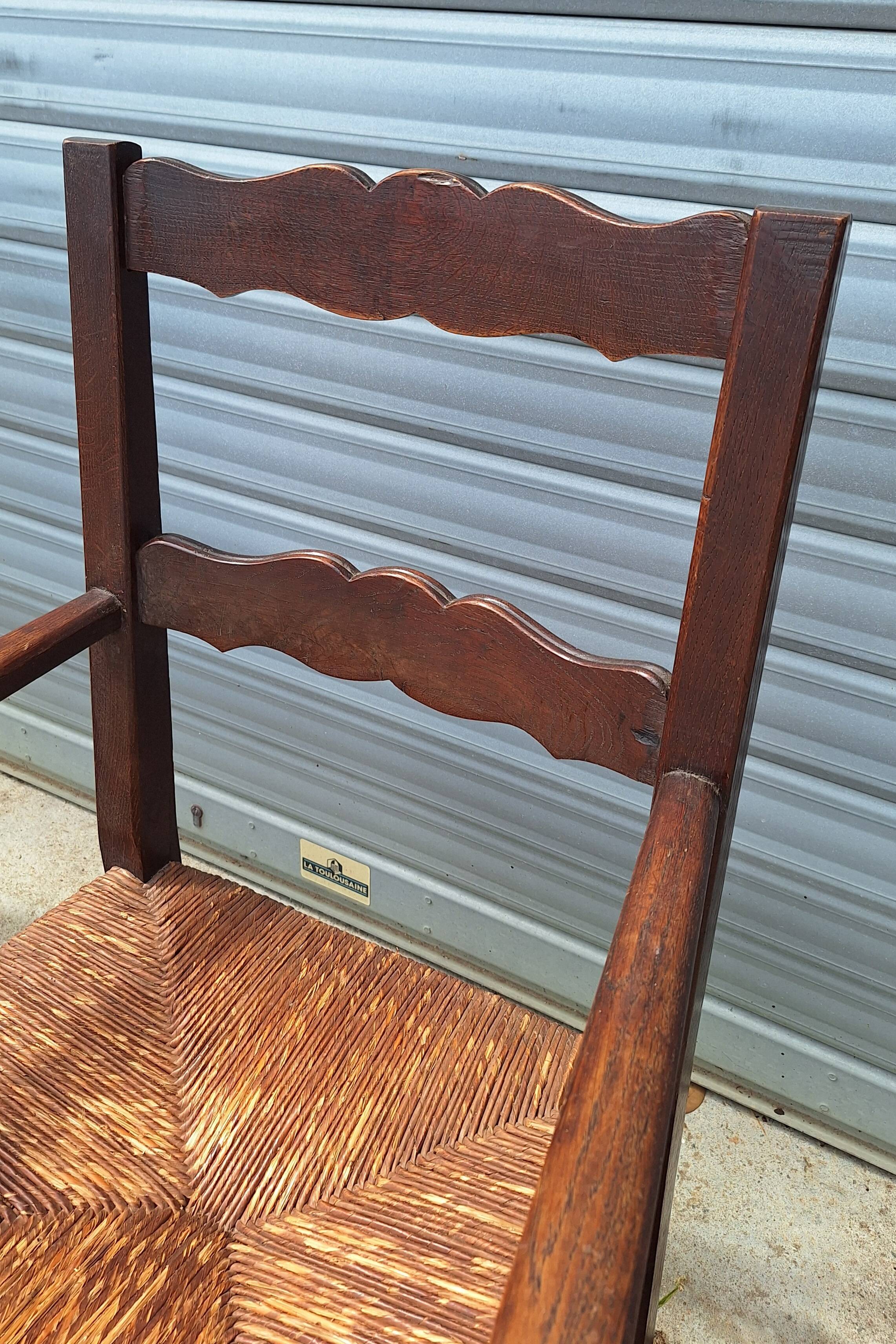 Pair of wooden and straw farmhouse armchairs