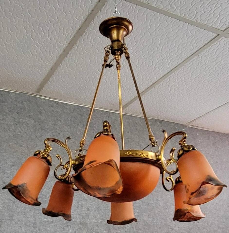 After Muller: Art Nouveau style chandelier in brass, bronze and glass paste