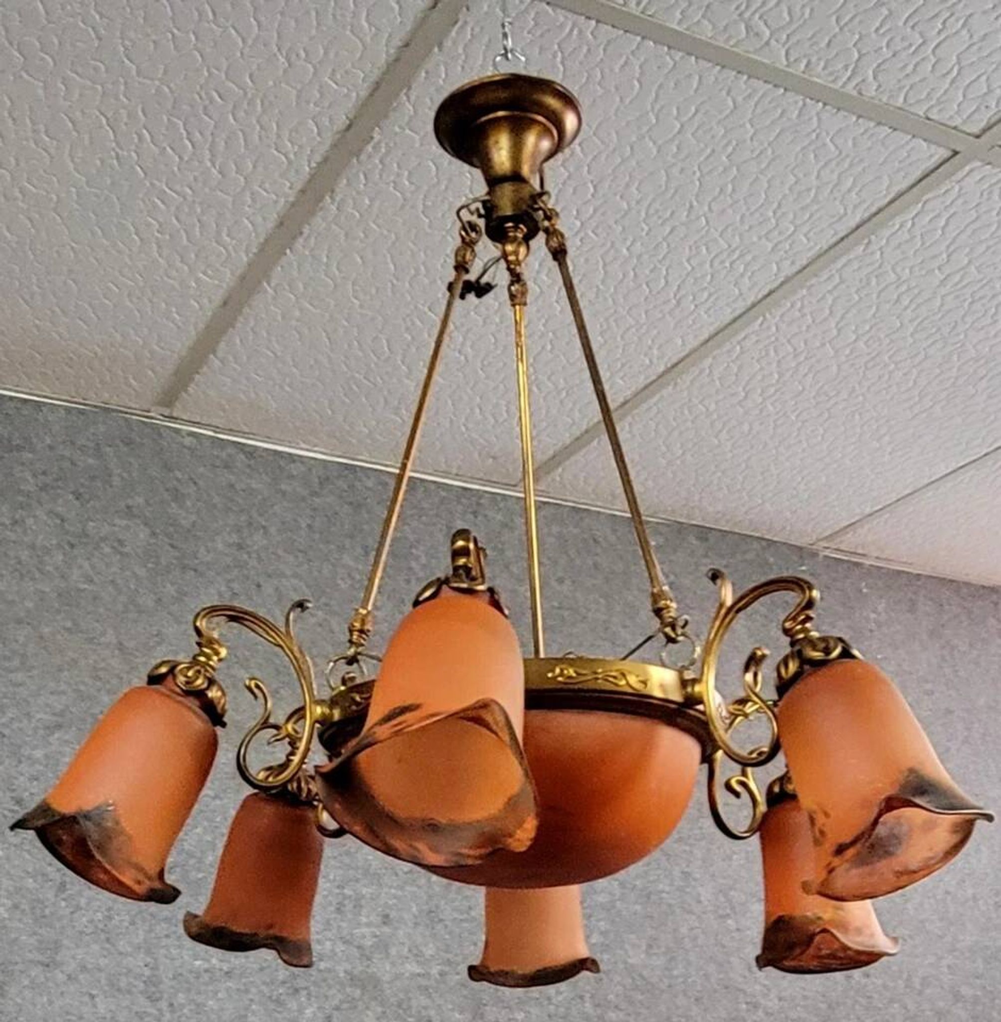 After Muller: Art Nouveau style chandelier in brass, bronze and glass paste