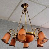 After Muller: Art Nouveau style chandelier in brass, bronze and glass paste