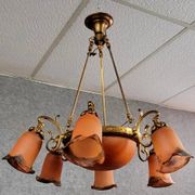 After Muller: Art Nouveau style chandelier in brass, bronze and glass paste