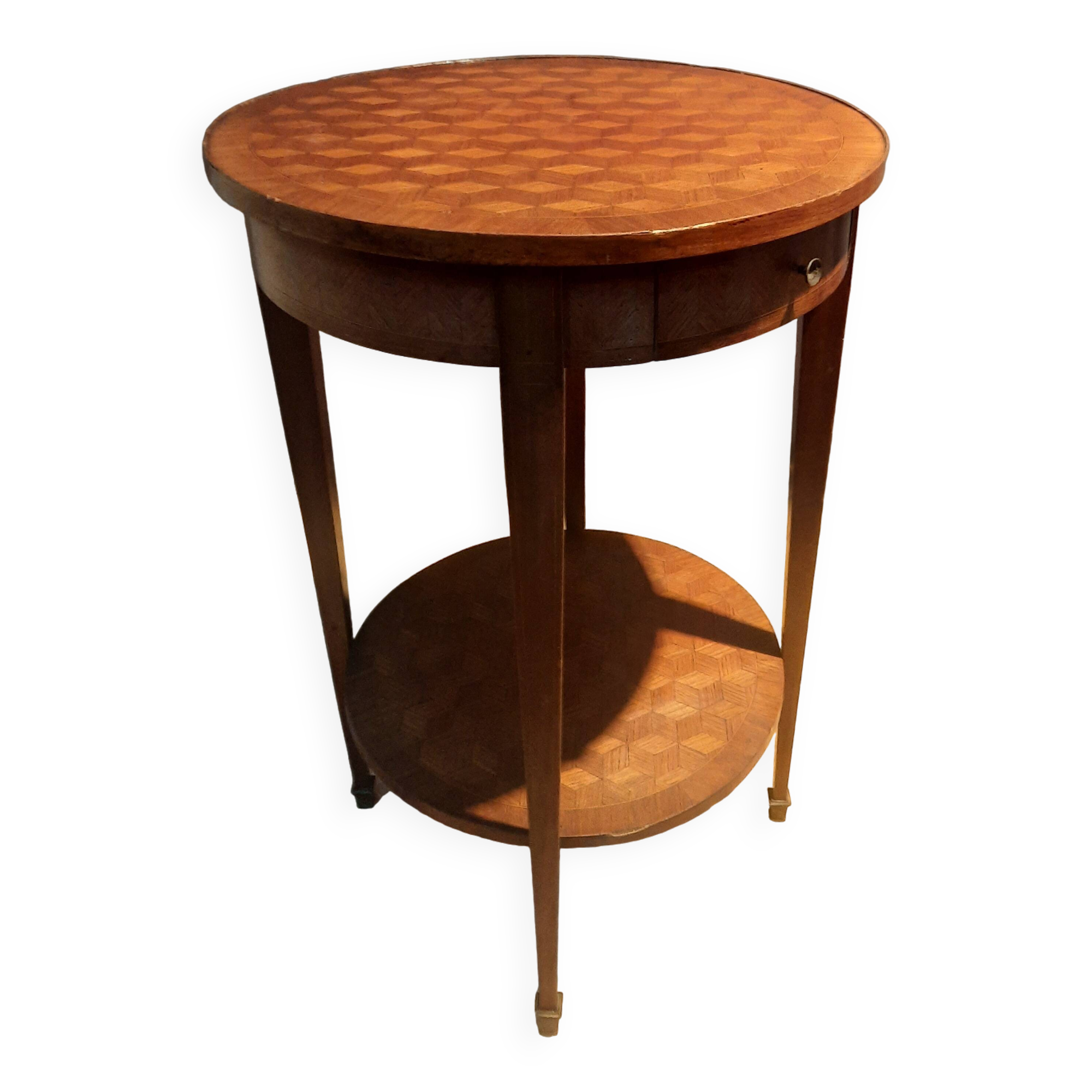 Round marquetry pedestal table with 2 shelves