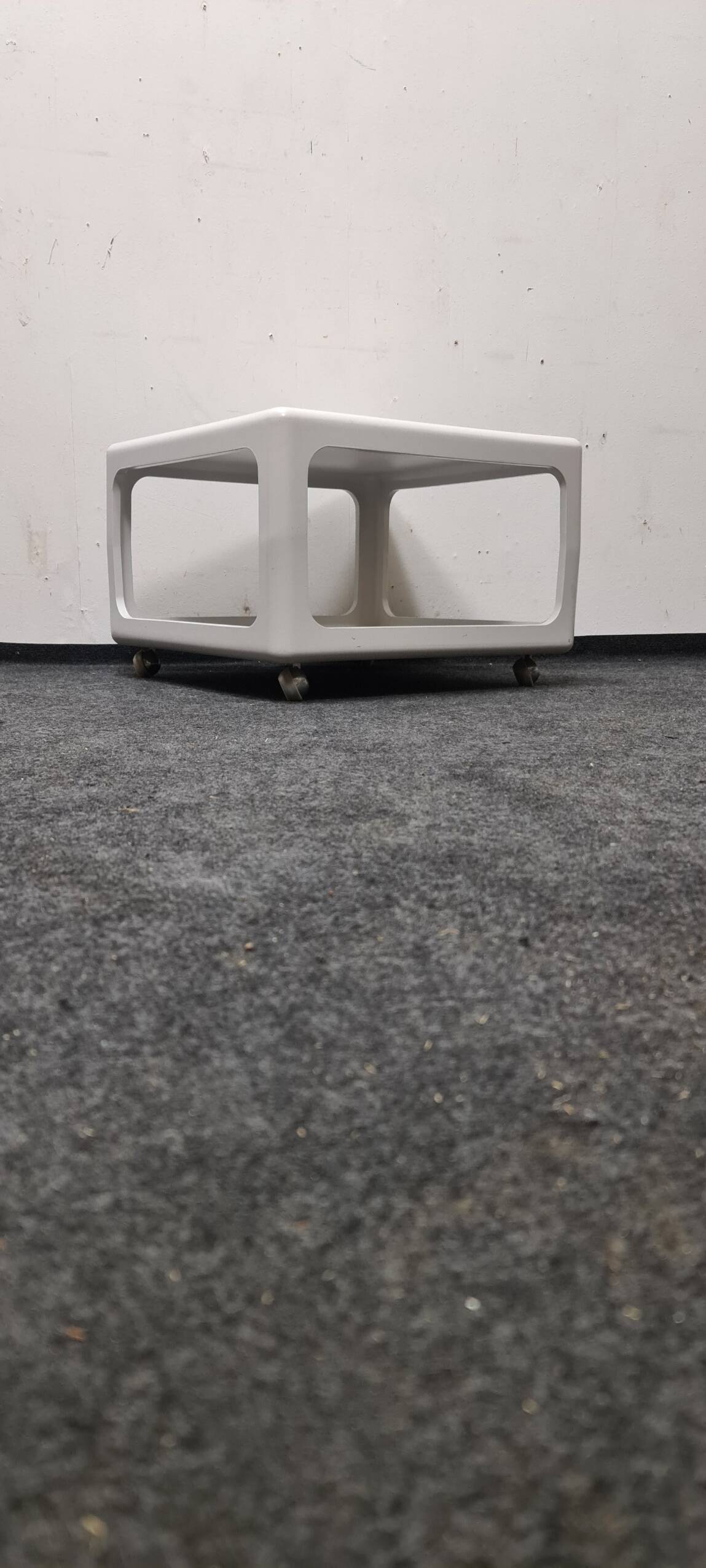 Vintage,white cubed side or coffee tableon wheels