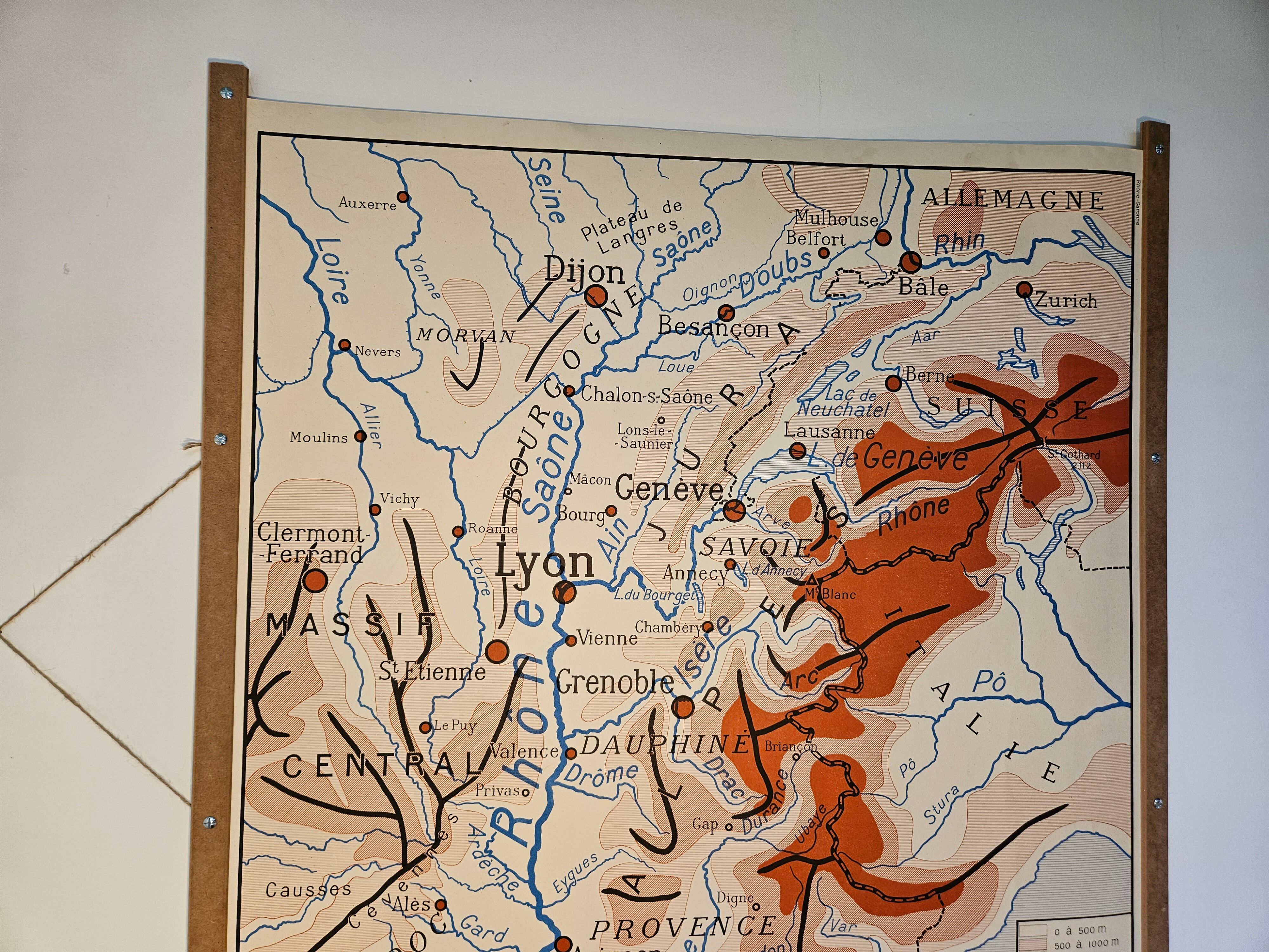 School map of ancient geography 1960 map of France the Garonne le Rhône