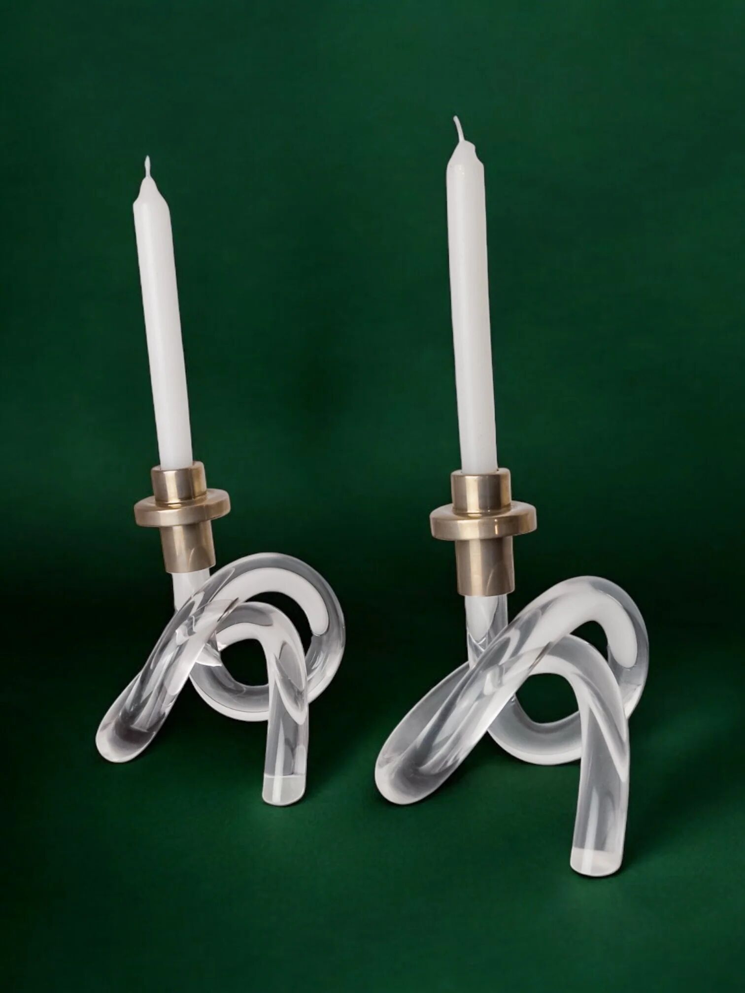 Pair of pretzel candlesticks by Dorothy Thorpe, Lucite and gilt brass, 1970s