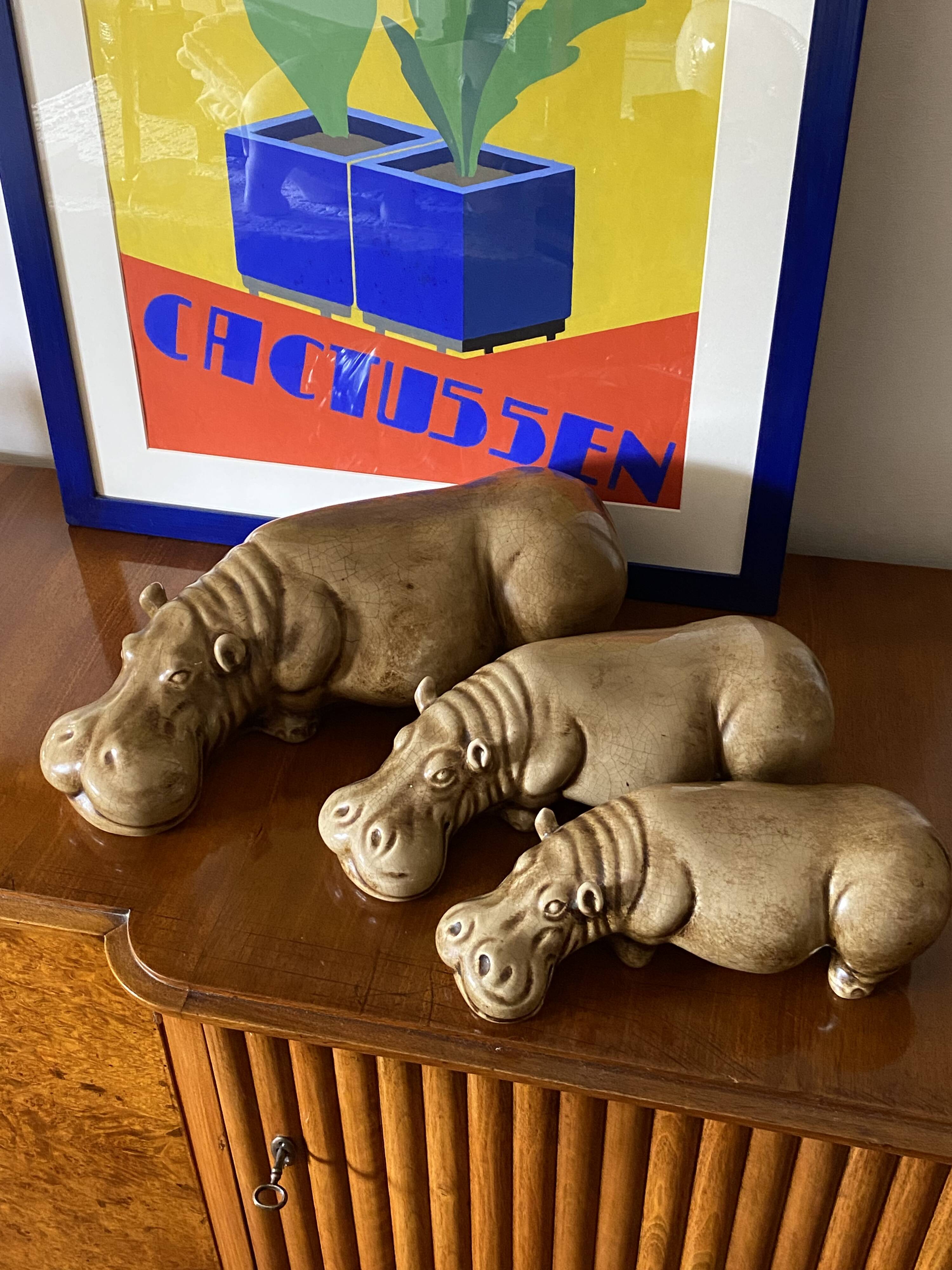 Mid-century Set of 3 ceramic hippos, Zaccagnini Italy 1950s