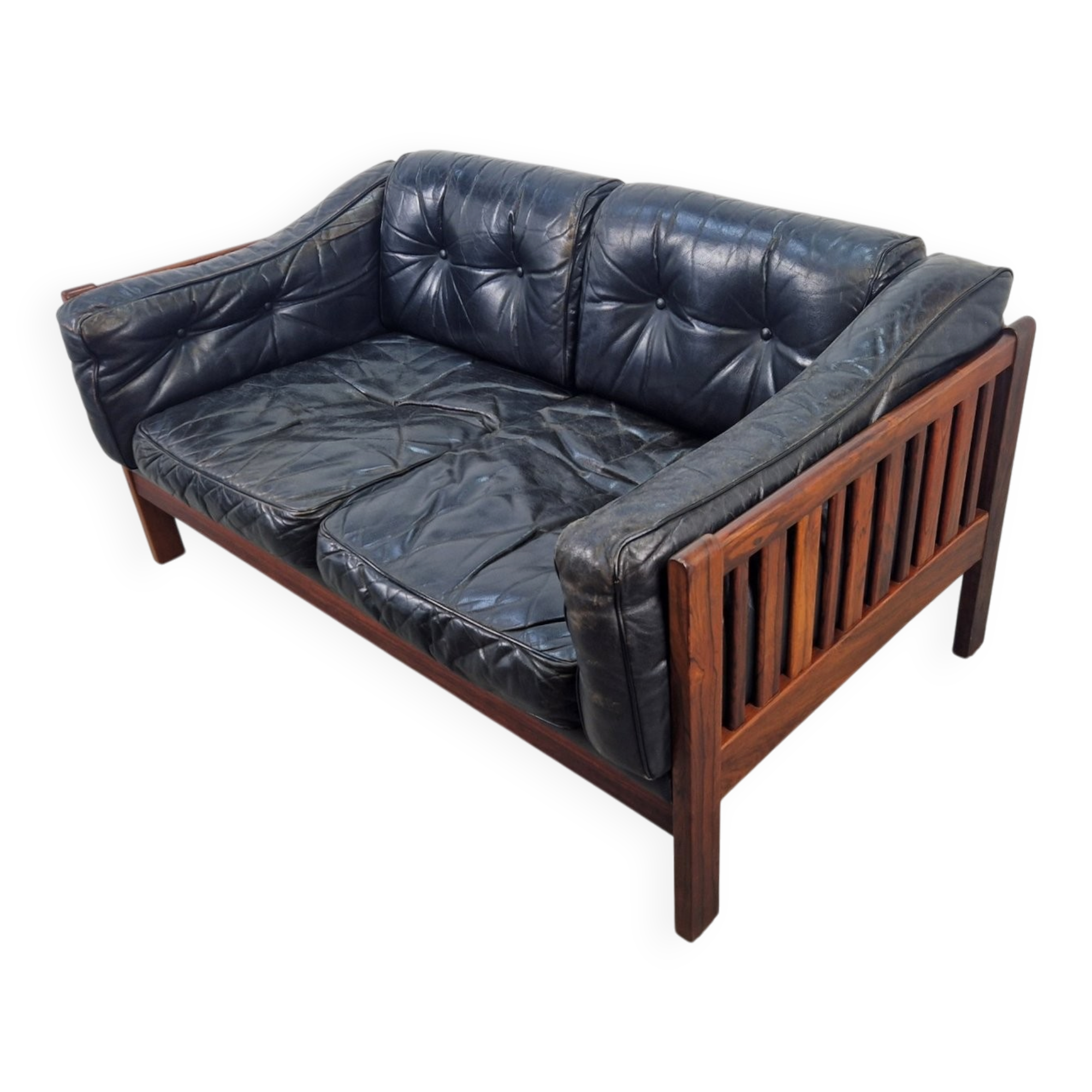 Mid-Century Modern Scandinavian Monte Carlo Sofa in Black Leather and Wood by Ingvar Stockum, 1965