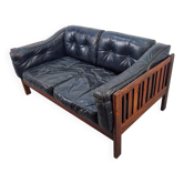 Canapé Monte Carlo scandinave moderne du milieu du siècle en cuir noir et bois par Ingvar Stockum, 1965