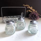 4-piece salt shaker, pepper and mustard set with spoon in stainless steel basket