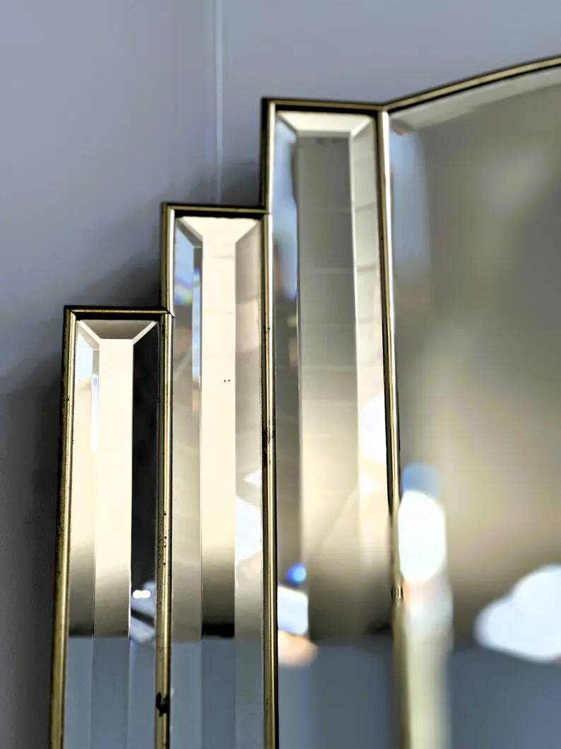 Vintage Art Deco Bevelled Mirror with Brass Trim, 1980s