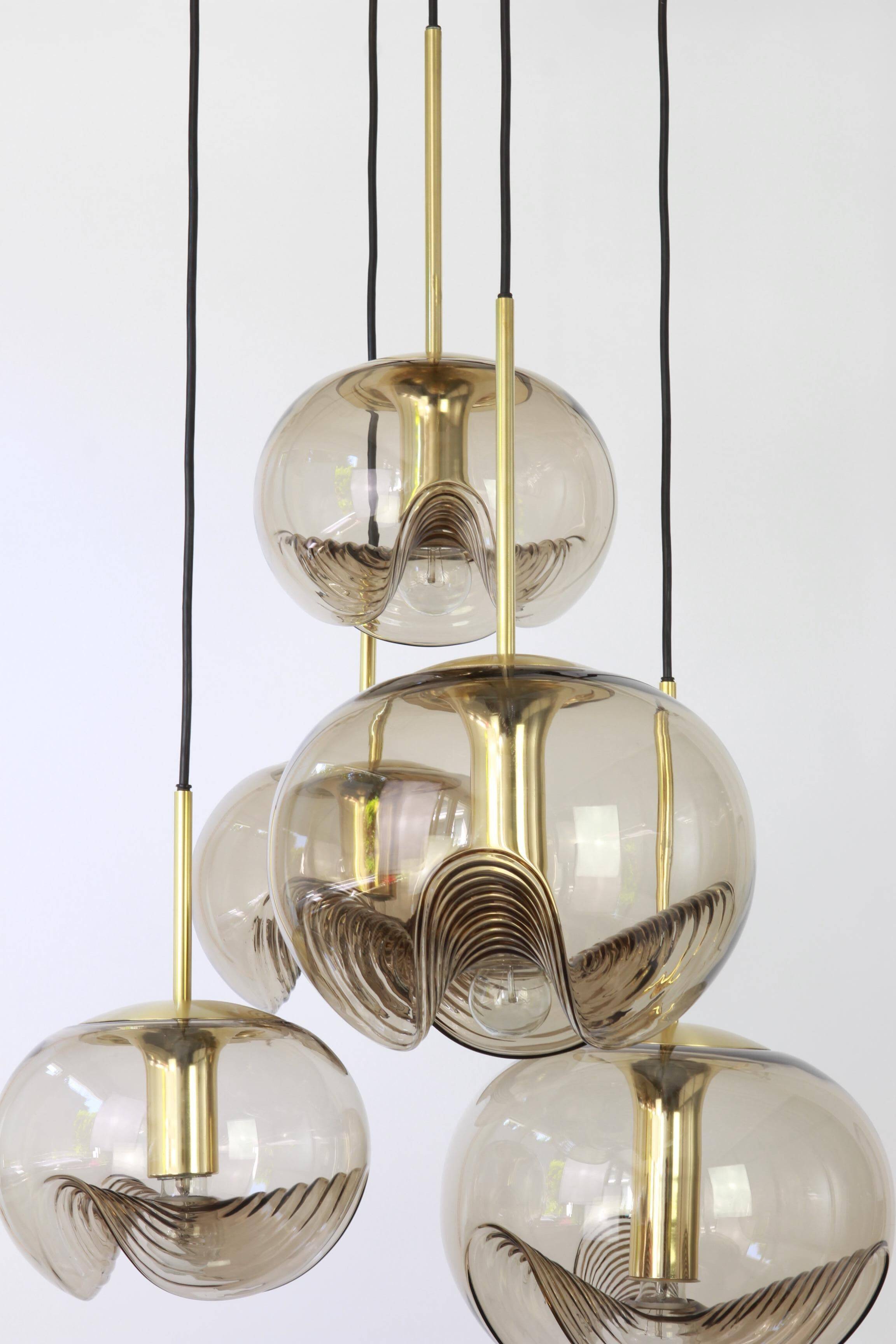 Grand cascading chandelier in smoked glass by Peill & Putzler, Germany, 1970s.
