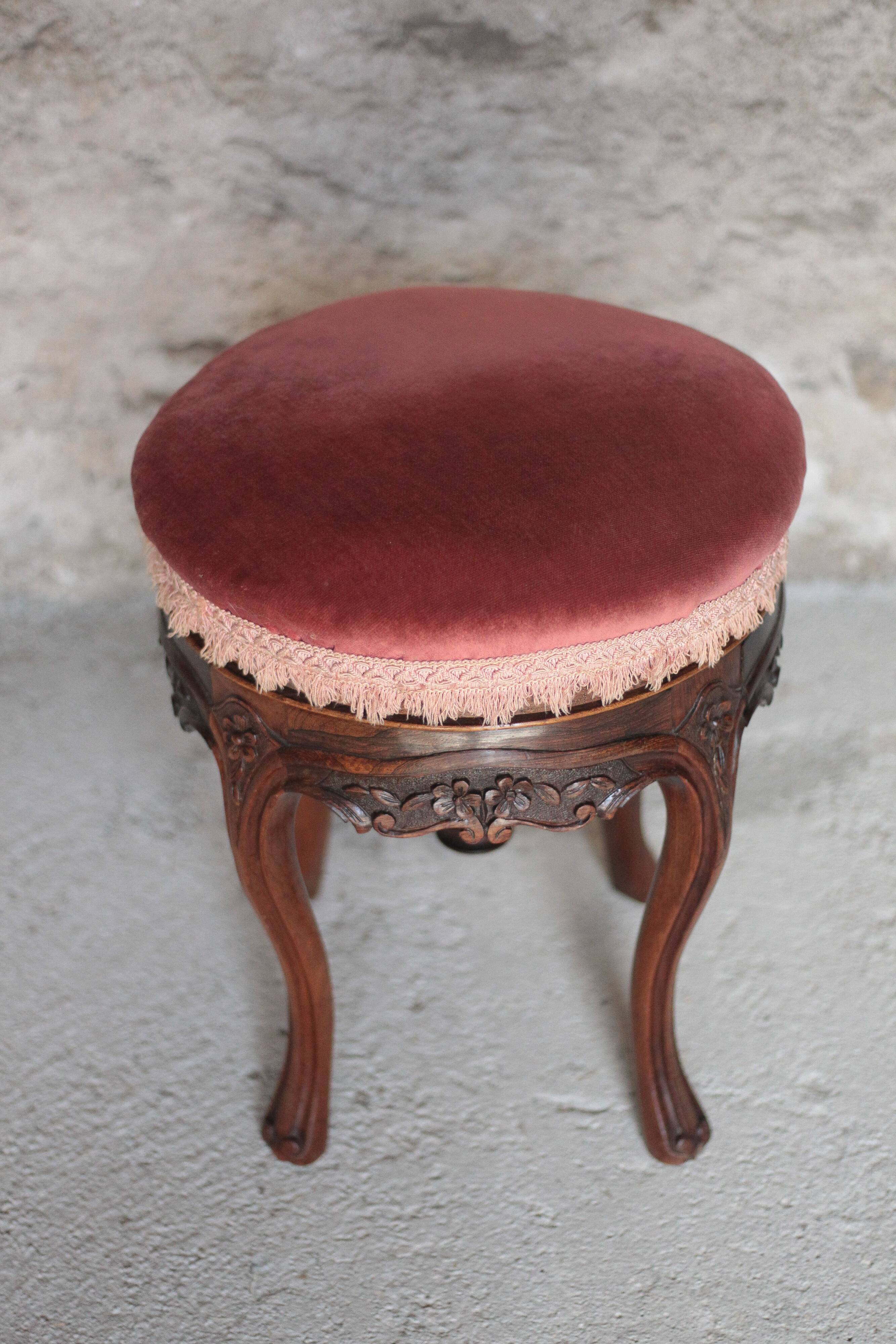 Victorian style stool, wooden and pink velvet stool, piano stool