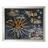Large vintage tapestry canvas painting framed in aluminum, Lurçat Picard Ledoux style