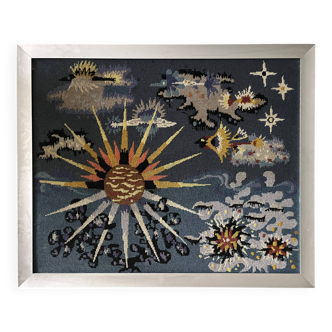 Grand tableau canevas tapisserie vintage encadré alu style Lurçat Picard Ledoux