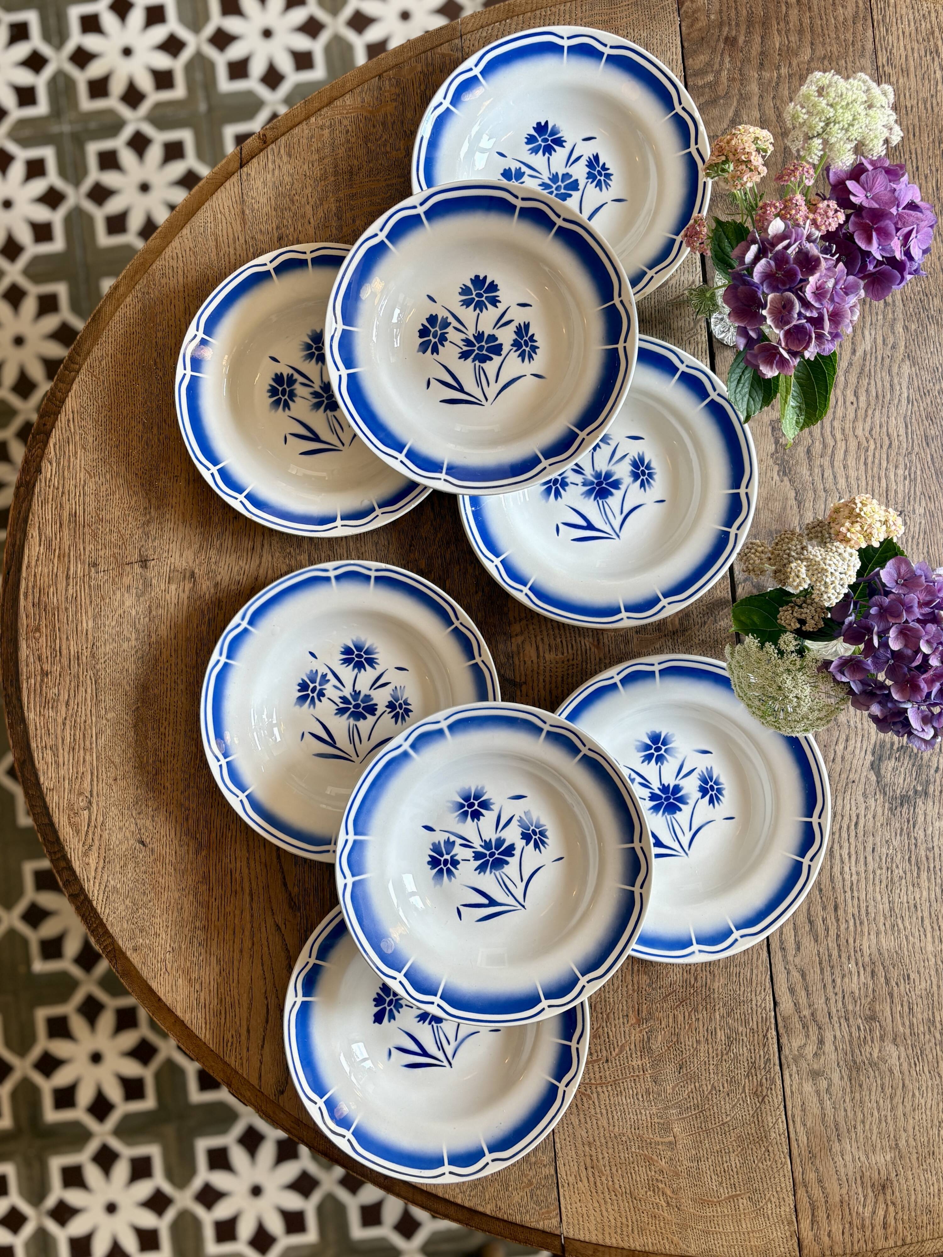 Set of 8 antique soup plates, blue flower decorations