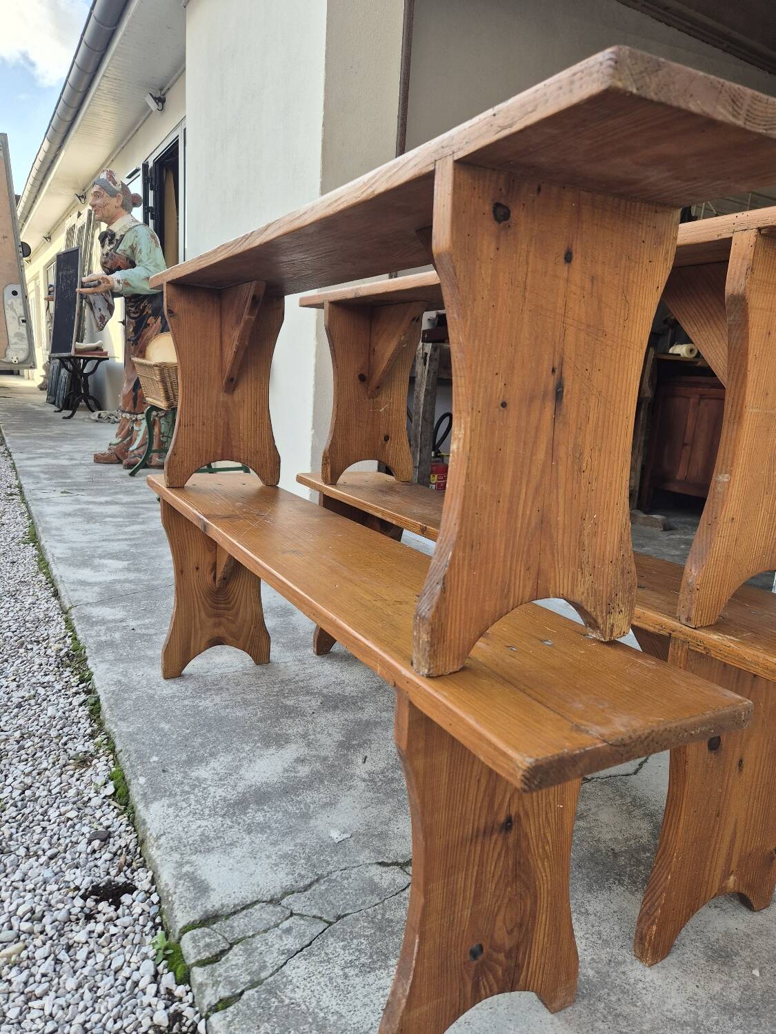 Set of 4 farm benches in old fir 1950s - 1m30