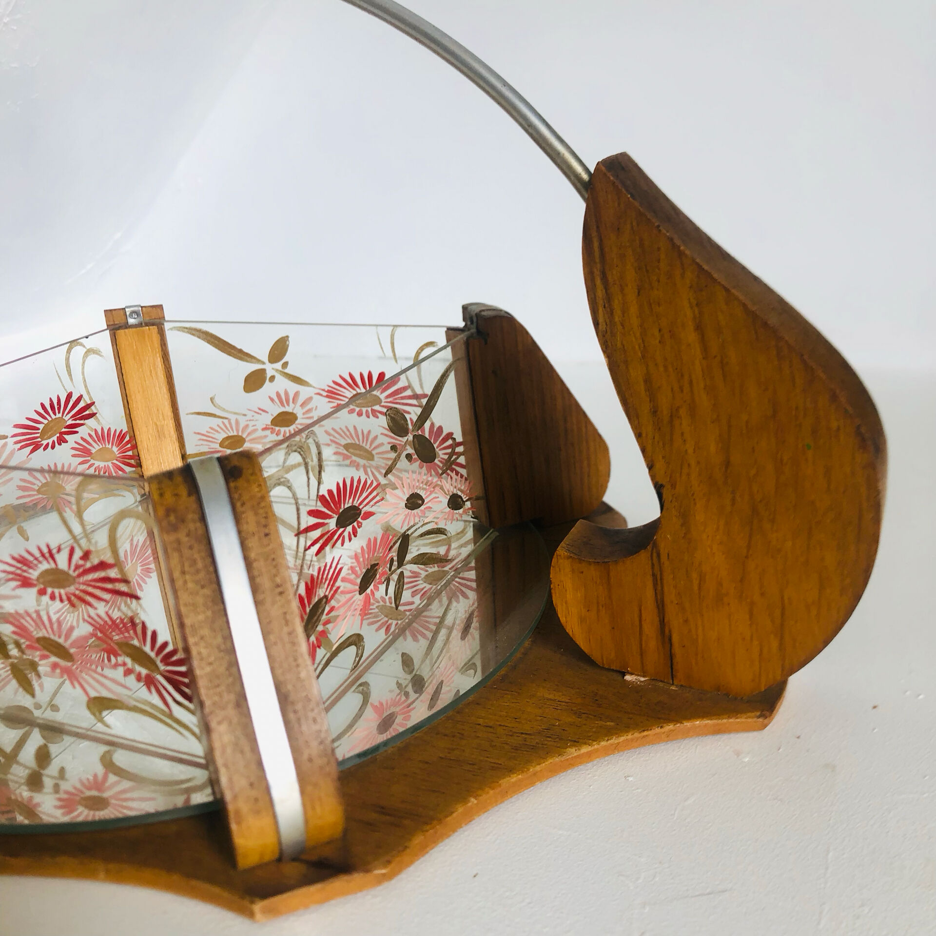 Vintage painted glass tray, wood and mirror