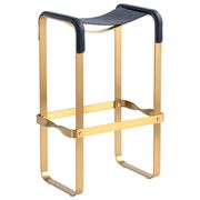 Contemporary kitchen bar stool in aged brass metal and navy blue leather.