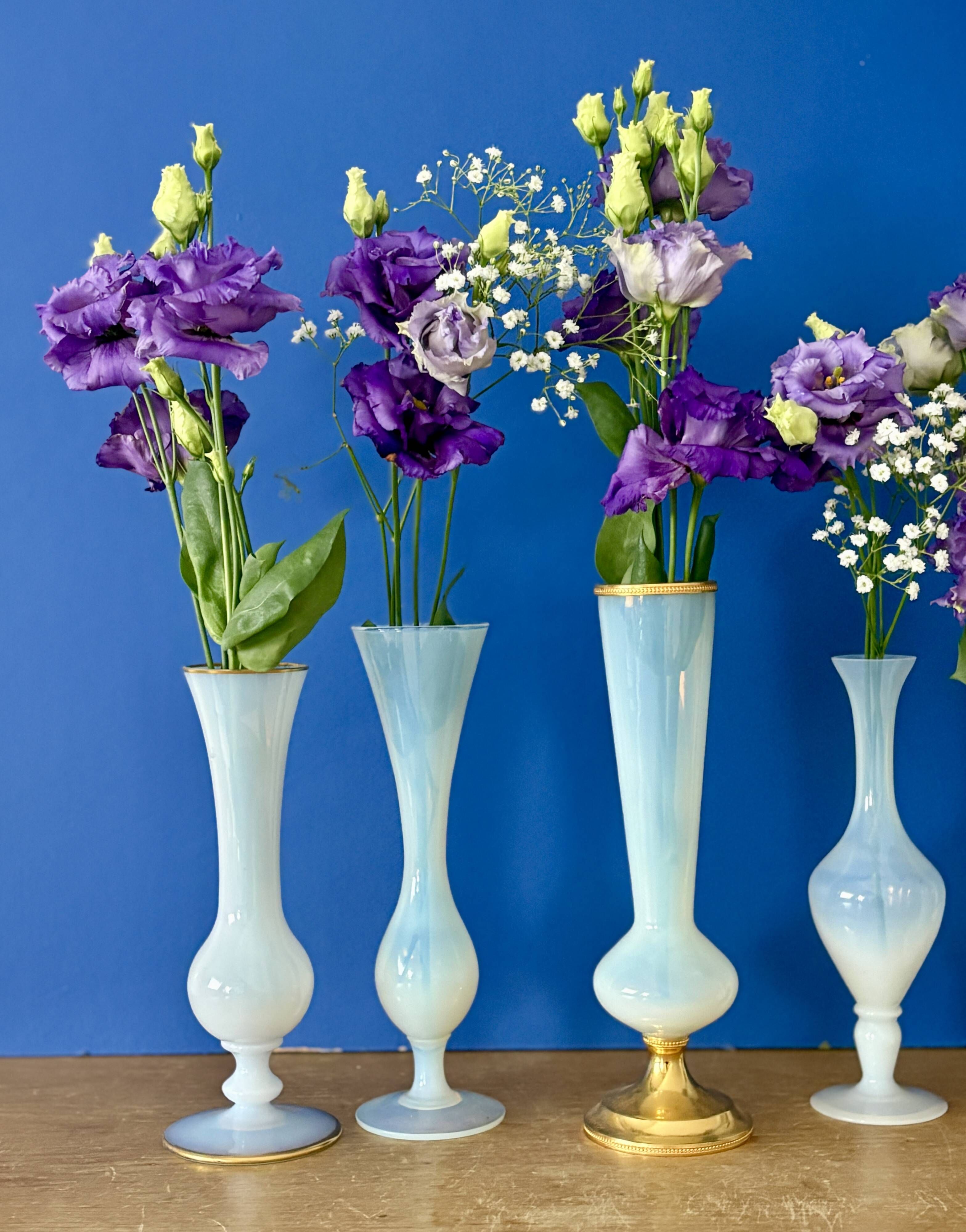 Set of 5 soliflores or antique vases in white opaline and brass.