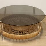 Table basse vintage en verre, rotin et lucite années 70