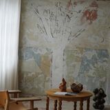 Round modern Danish brutalist coffee table/sofa in solid oak, 1960s.